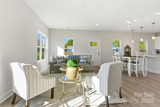 a view of a dining room with furniture
