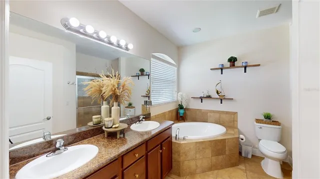 a bathroom with a granite countertop toilet a sink and a mirror