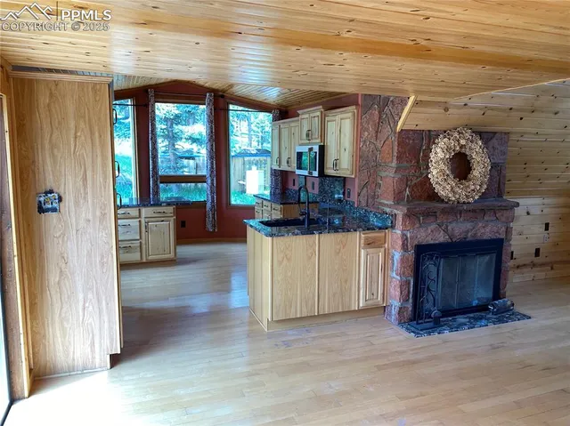 a view of a hallway with fireplace and windows