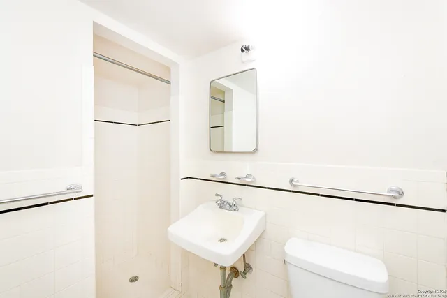 a bathroom with a sink a toilet and mirror