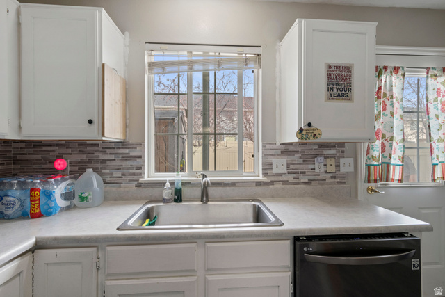 962 Independence Avenue Provo, UT 84604 - Photo 7 of 31 Kitchen with white cabinetry, light countertops, and dishwashing machine