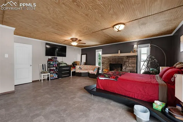 a bedroom with furniture and a fireplace