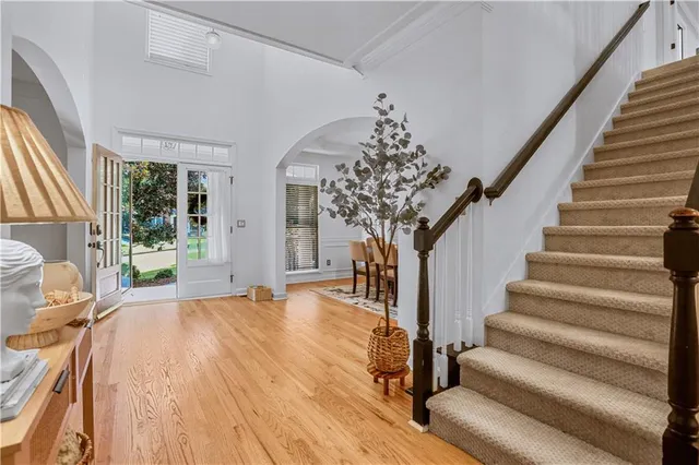 a view of a dining room with furniture