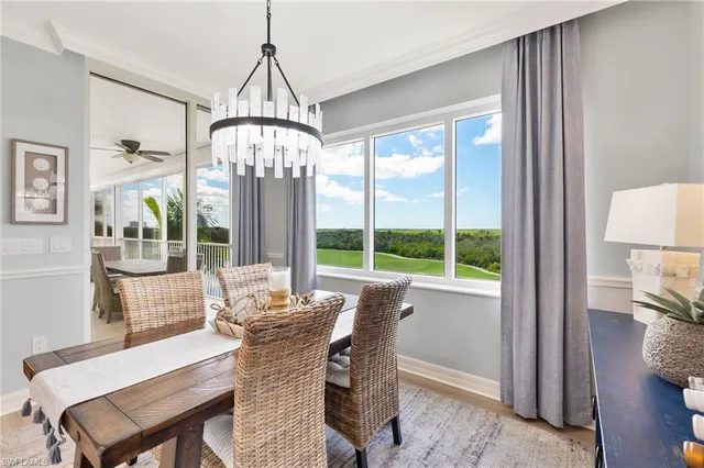 a view of a dining room with furniture window and outside view