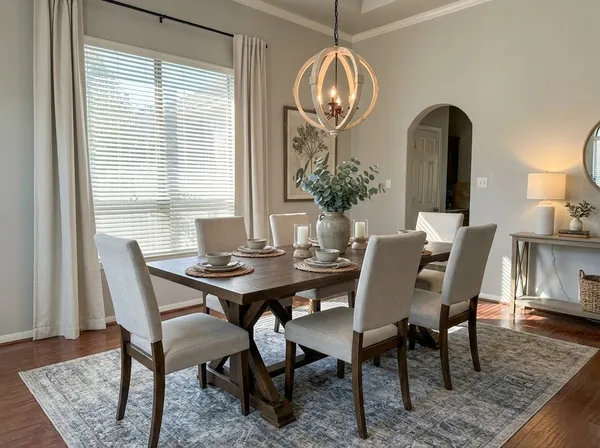 a view of a dining room with furniture window and wooden floor