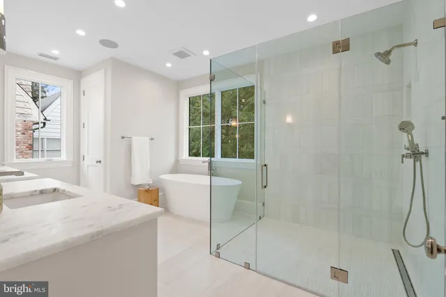 a bathroom with a bathtub and a shower