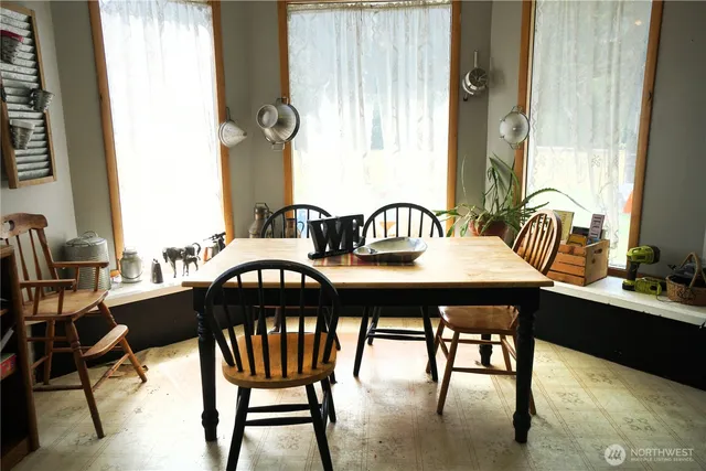 a view of a dining room with furniture and window