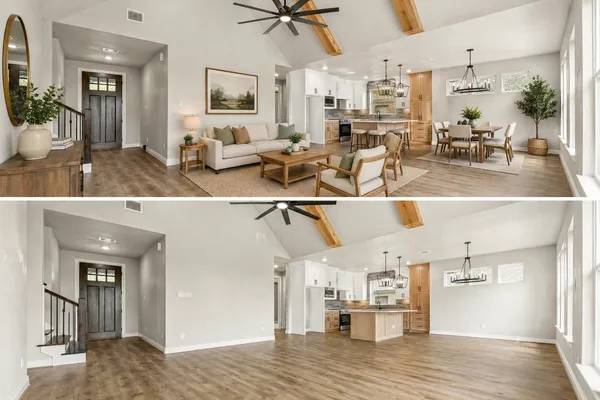 a living room with furniture kitchen view and a large window