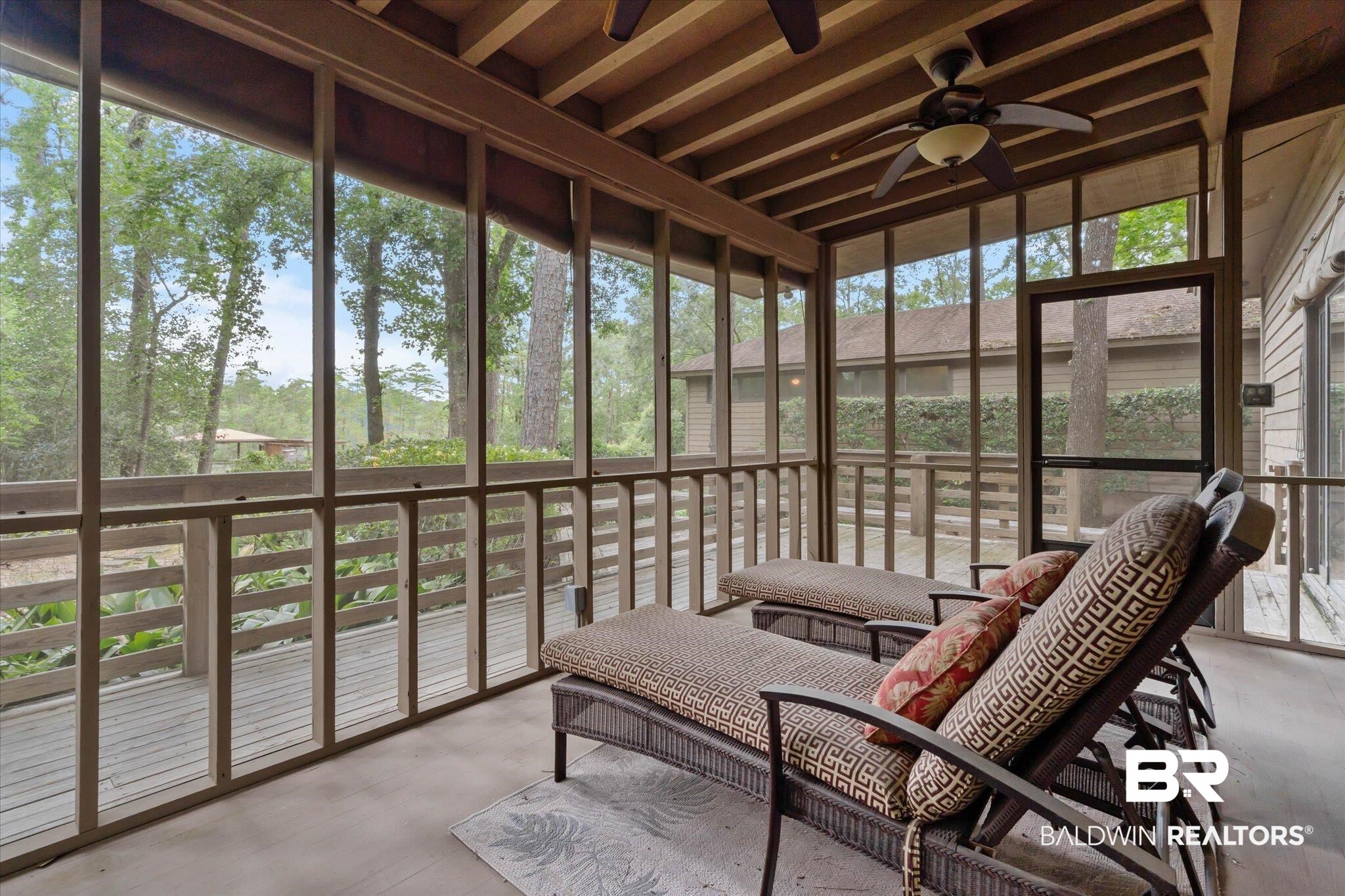 3500 Venetia Road Mobile, AL 36605 - Photo 15 of 56 Screened-in porch featuring a wood-finish ceiling, exposed beams, and a ceiling fan