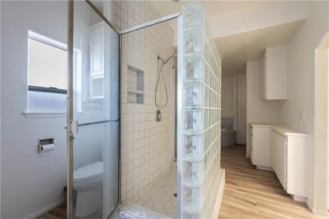 a bathroom with a shower and toilet