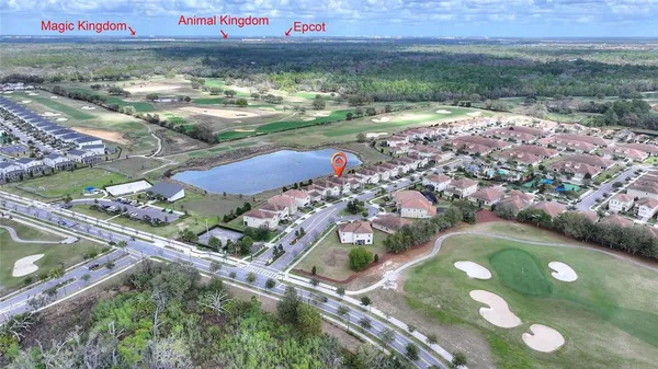 an aerial view of a swimming pool