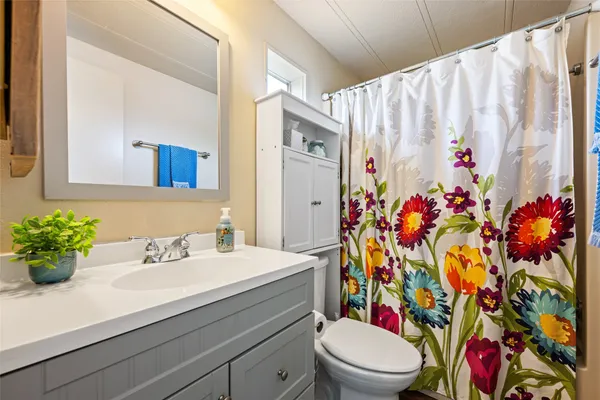 a bathroom with a sink mirror and toilet