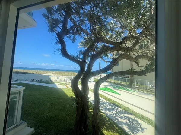 a view of swimming pool from a window