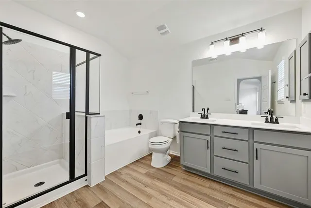 a bathroom with a double vanity sink mirror and toilet