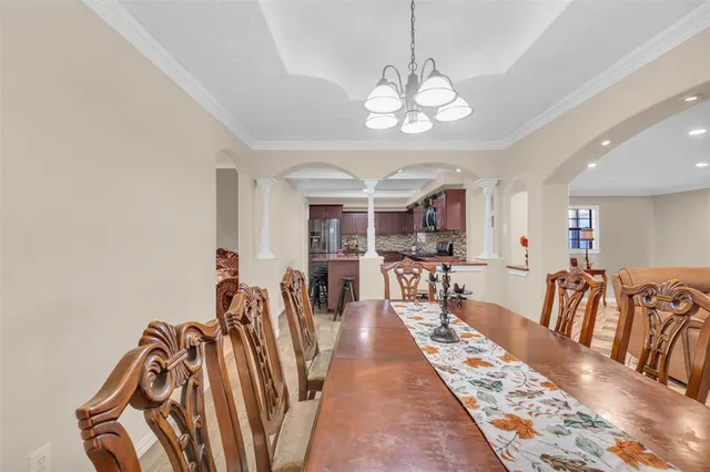 a view of a dining room with furniture