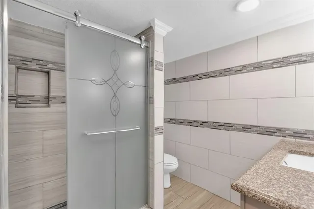 a bathroom with a shower and a toilet