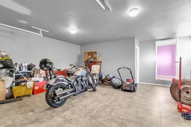a view of a garage with a bike parked