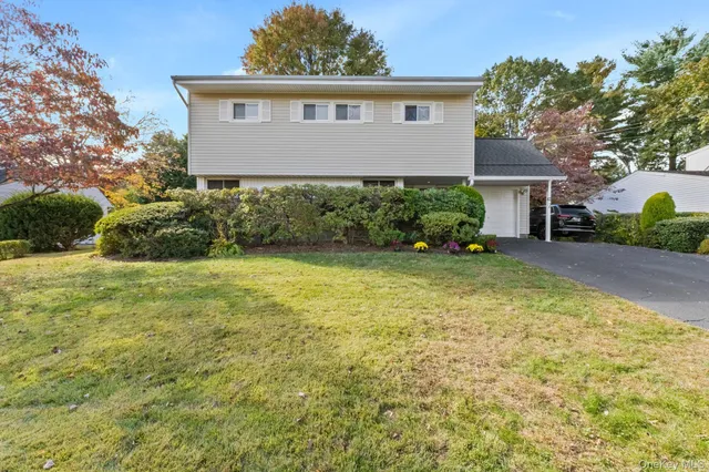 a view of a yard in front of a house with plants and large tree