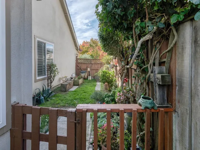 a view of a backyard with wooden fence and potted plants