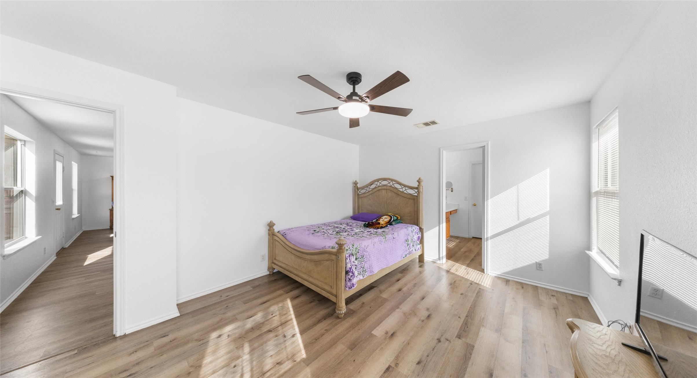 248 Endeavour Kyle, TX 78640 - Photo 12 of 32 Bedroom featuring multiple windows, light wood-type flooring, and ceiling fan