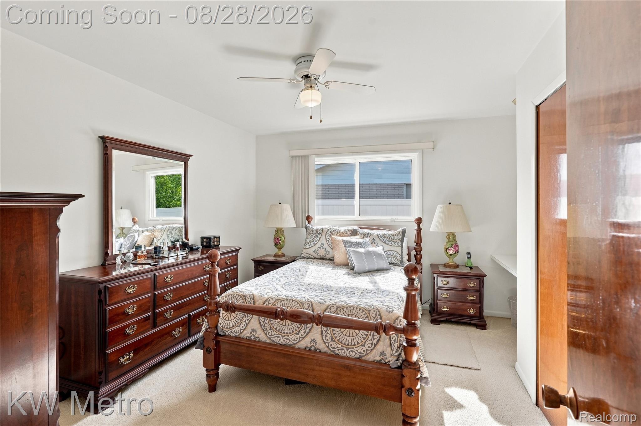 17700 Adrian Road Southfield, MI 48075 - Photo 11 of 24 Ceiling fan with integrated lighting, wall-to-wall carpeting, and a window with blinds