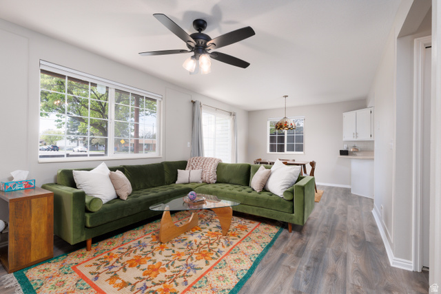 260 400 North, Unit 1 Orem, UT 84057 - Photo 15 of 17 Living room with ceiling fan and dark wood-style floors