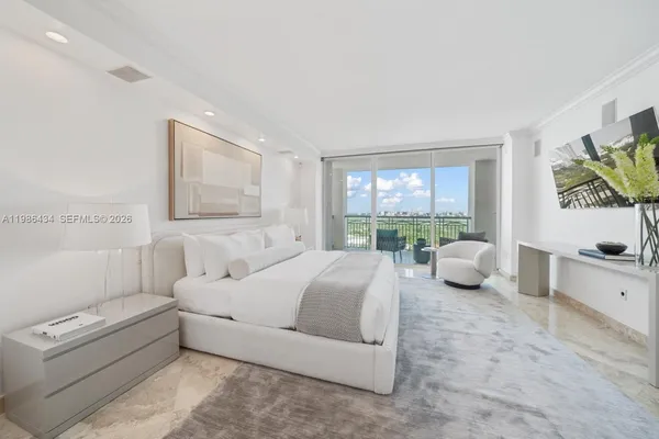 a spacious bedroom with a bed and a large window