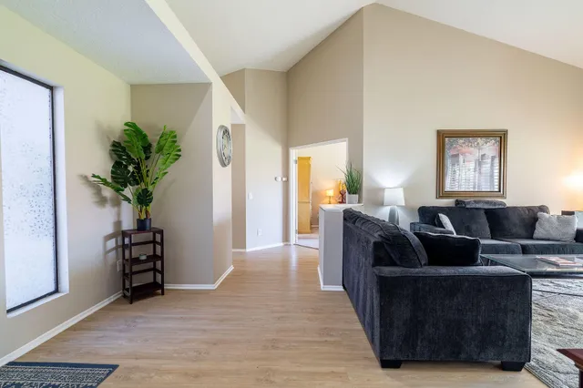 a living room with furniture and a potted plant