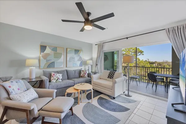 a living room with furniture and a large window