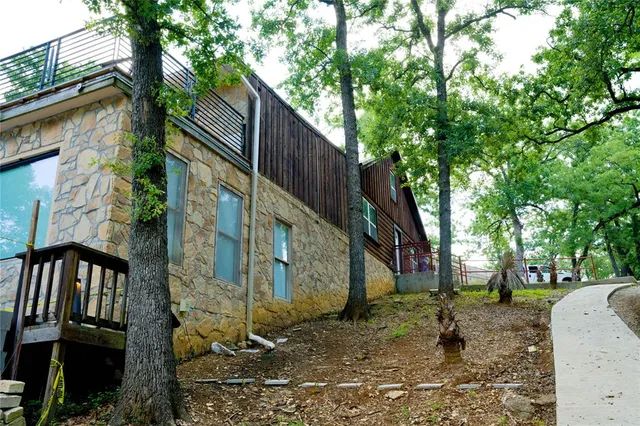 a view of backyard with large trees and plants