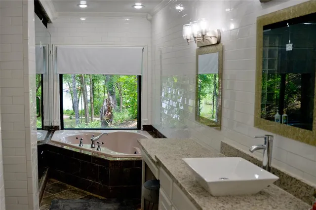 a bathroom with a granite countertop tub and a sink