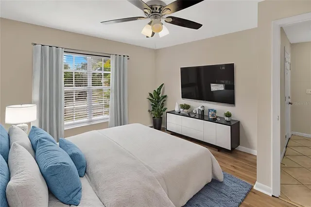 a bedroom with a bed and a flat screen tv