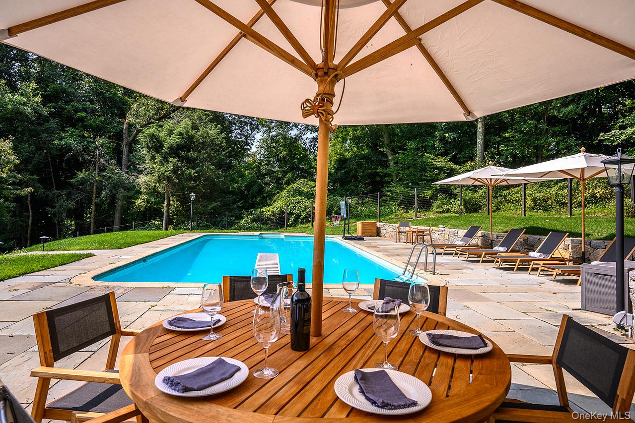 36 Pond Hill Road Chappaqua, NY 10514 - Photo 31 of 32 a view of swimming pool with lawn chairs under an umbrella