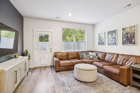 a workspace with furniture and window