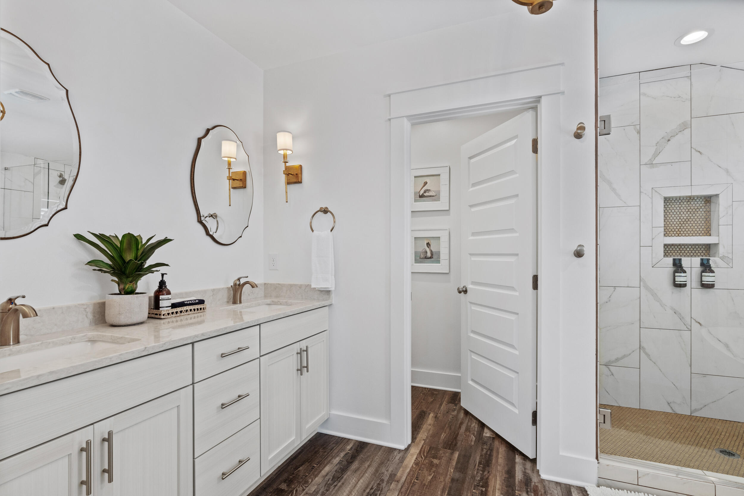 88 Pompano Street Destin, FL 32541 - Photo 80 of 109 a bathroom with a granite countertop sink mirror and vanity