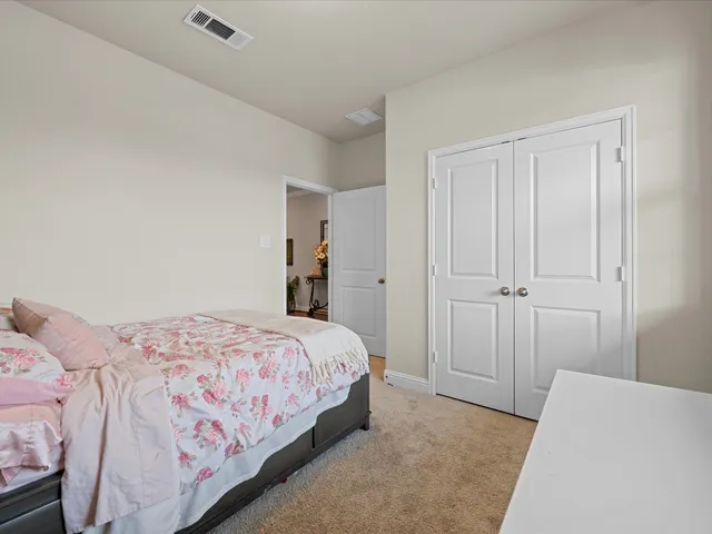 a bedroom with a bed and a closet