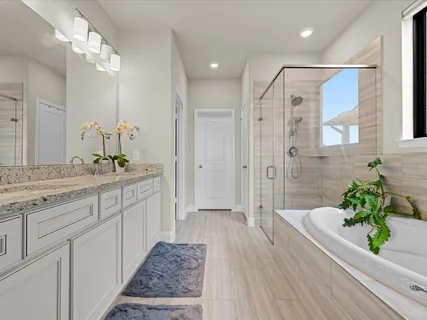 a bathroom with a granite countertop sink a mirror a vanity and a shower