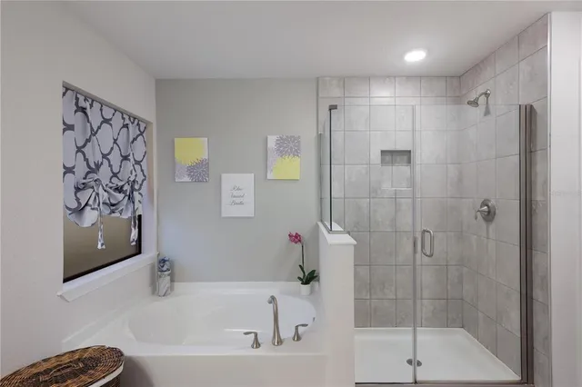 a bathroom with a bathtub and a shower