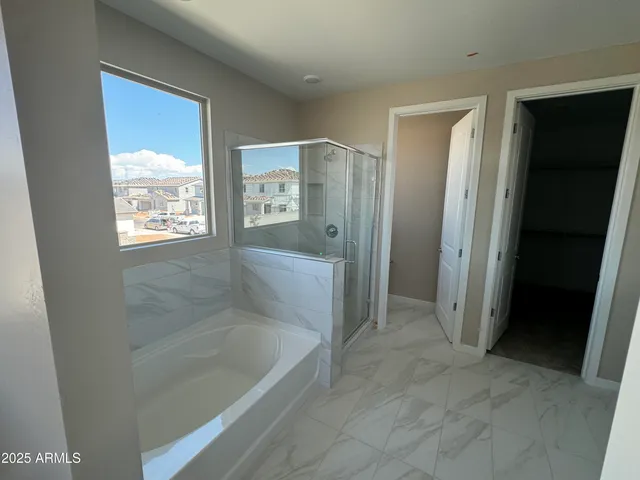 a bathroom with a bathtub and shower