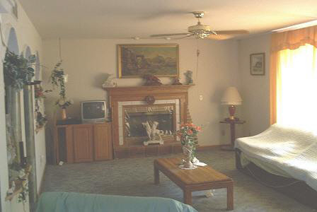 3998 East Whitaker Road Byron, IL 61010 - Photo 2 of 6 a living room with furniture a fireplace and a chandelier