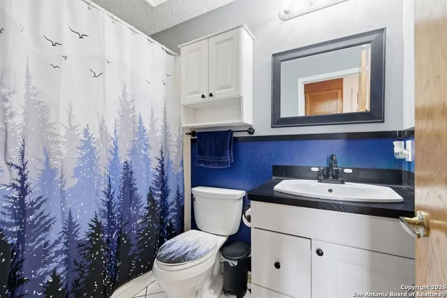 a bathroom with a toilet a sink and mirror