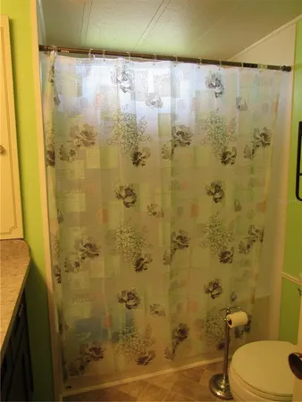 a bathroom with a shower curtain and a toilet