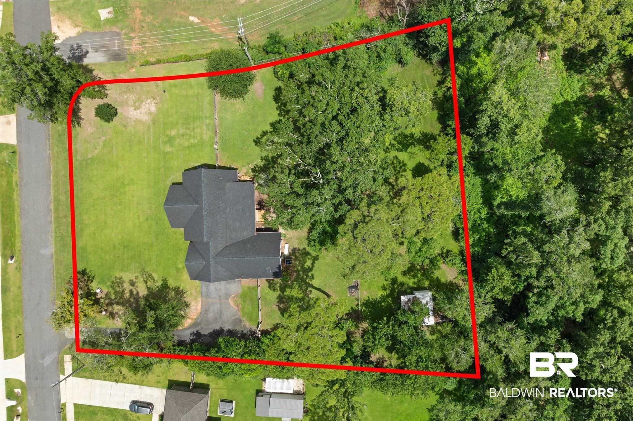 22760 Ridgewood Drive Robertsdale, AL 36567 - Photo 3 of 44 Aerial view of property and surrounding area with property boundaries highlighted