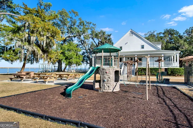 a garden view with a sitting space
