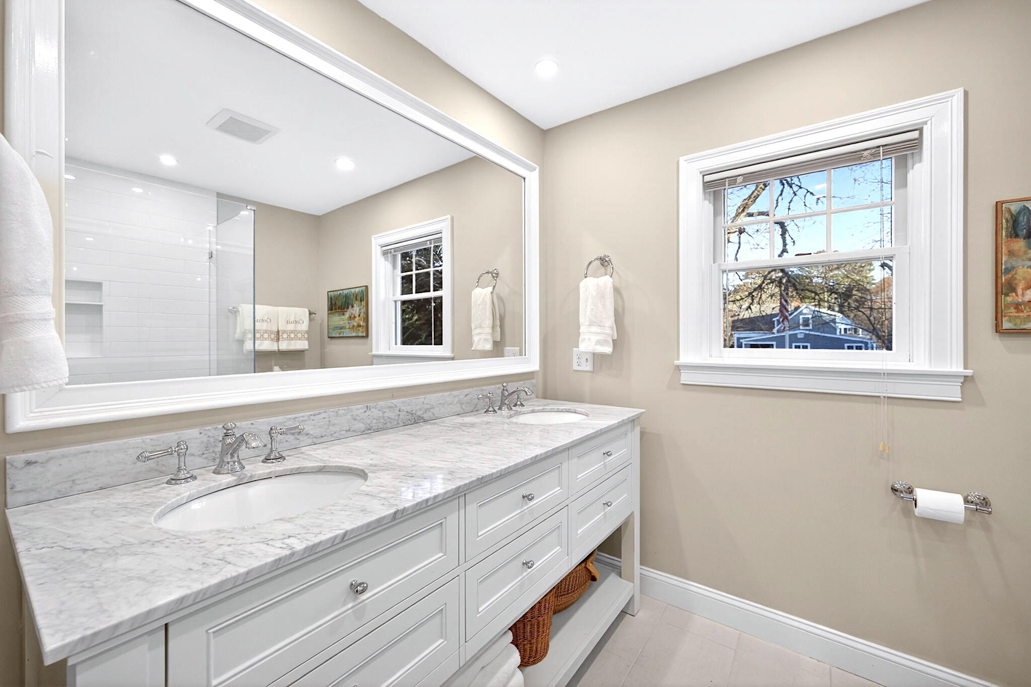 205 Little River Road Cotuit, MA 02635 - Photo 45 of 60 a bathroom with a granite countertop sink mirror and window