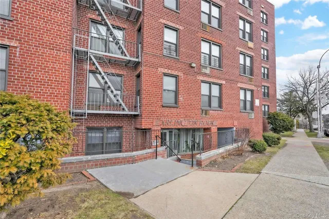 a front view of a brick building