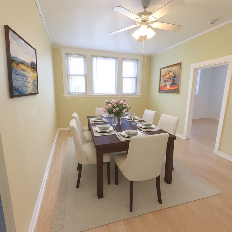 3301 West Potomac Avenue, Unit G Chicago, IL 60651 - Photo 5 of 18 a view of a dining room with furniture and a chandelier fan