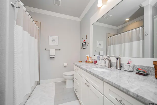 a bathroom with a granite countertop sink mirror vanity and toilet