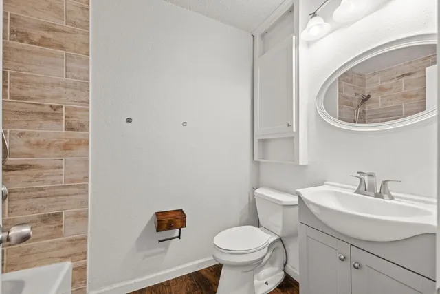 a bathroom with a toilet sink and mirror