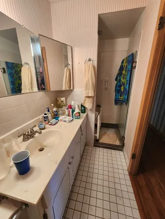 a bathroom with a sink a mirror and shower